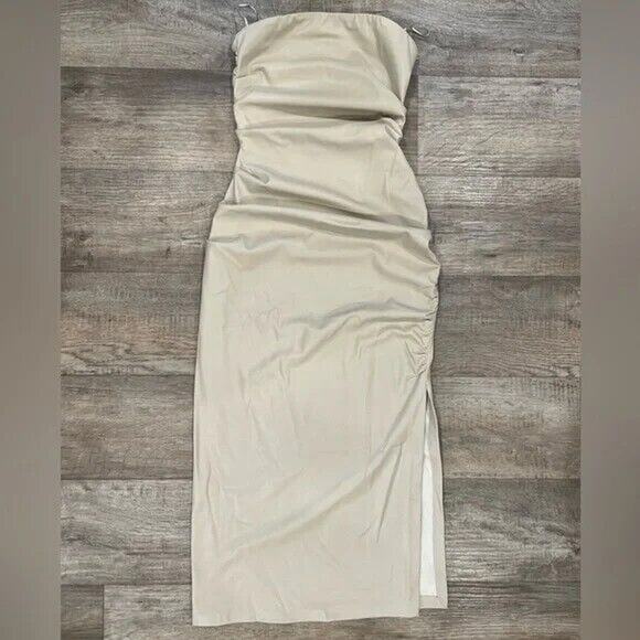 ZARA Blogger Fave Strapless Satin Midi Dress NWT Champagne Beige - Picture 14 of 16